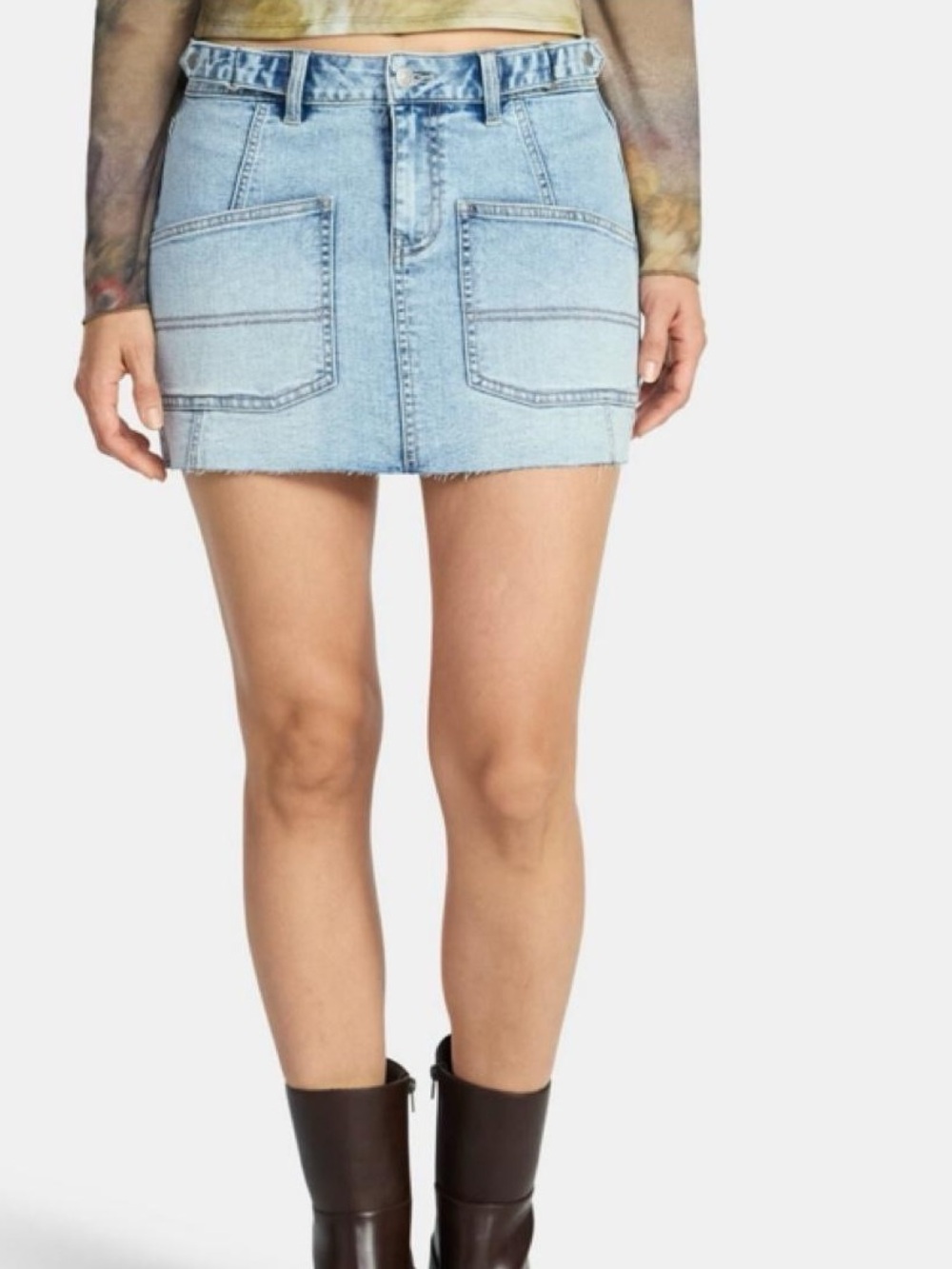 Light Blue Denim Mini Skirt with Patch Pockets